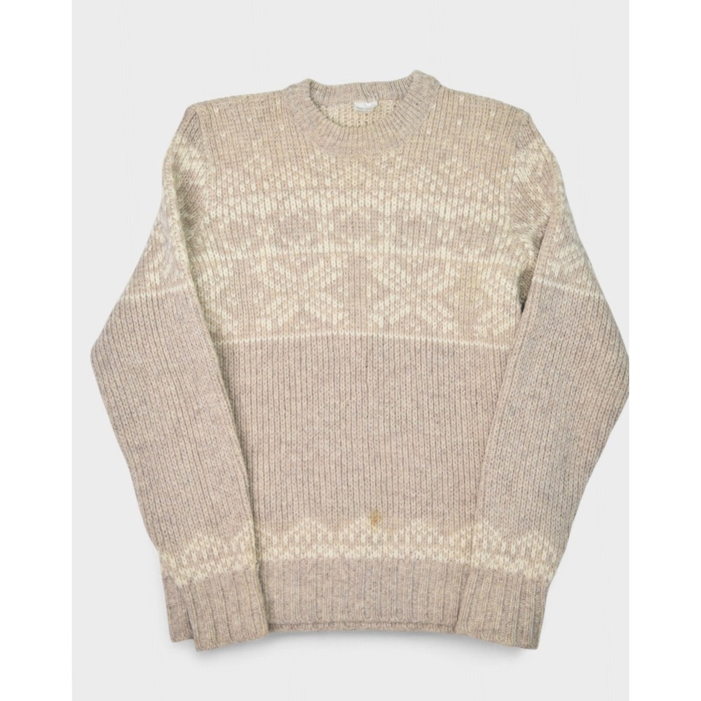 Vintage Wool Sweater Womens Medium Beige Nordic Fair Isle Chunky Knit Crewneck